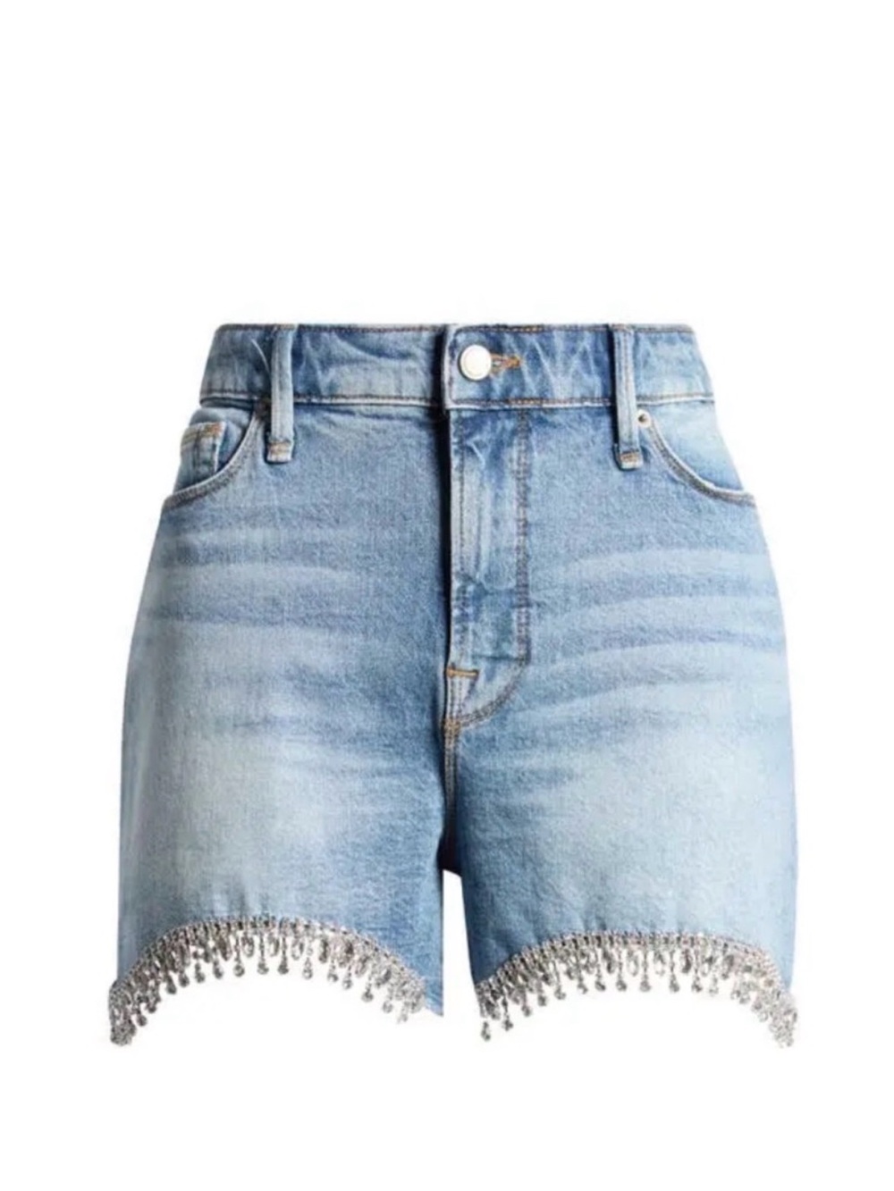 Good American Light Wash Denim Shorts with Silver Beaded Trim